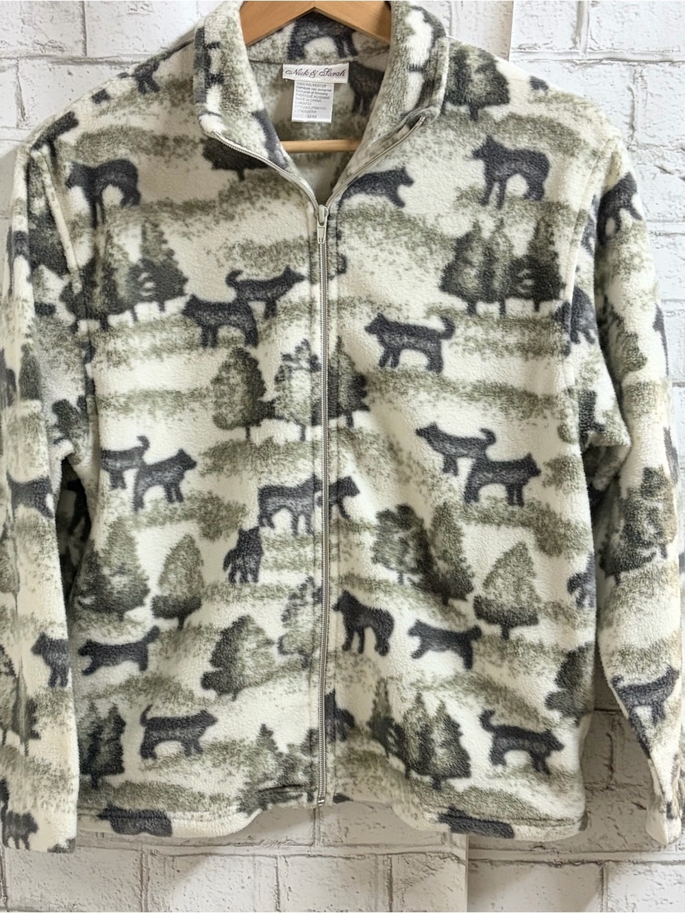 Vintage Wolf Print Fleece Utility Jacket Woodland Scene Graphic Fleece